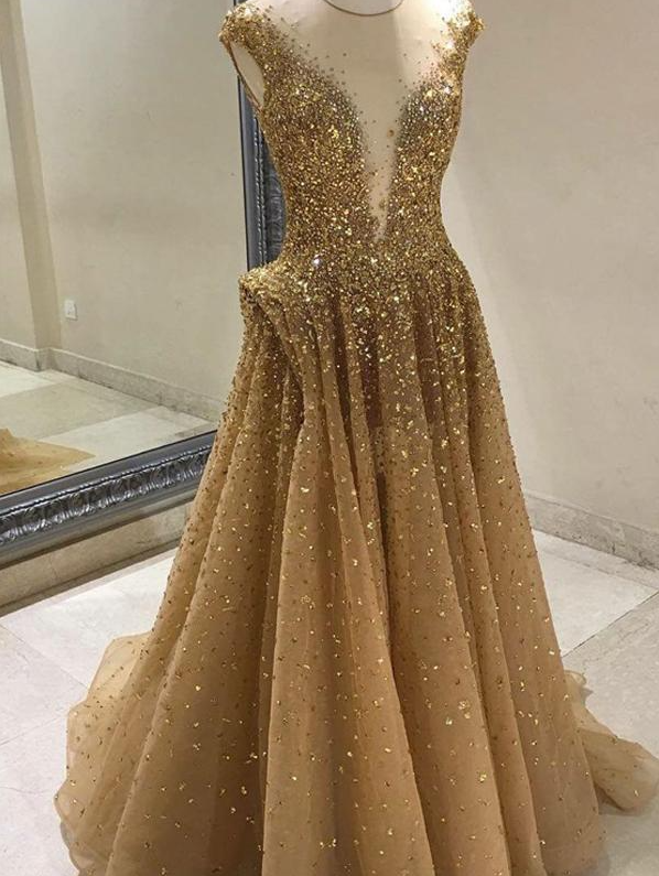Gold Prom Dress A-line Scoop Custom Made Unique Long Prom Dress,pl2558