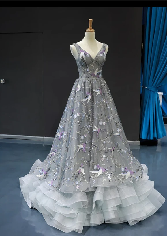 Grey Lace V Neck Prom Dress, A Line Vintage African Evening Dress,pl2562