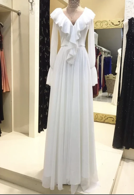 White Long Sleeve Prom Dress Evening Dress,pl2576