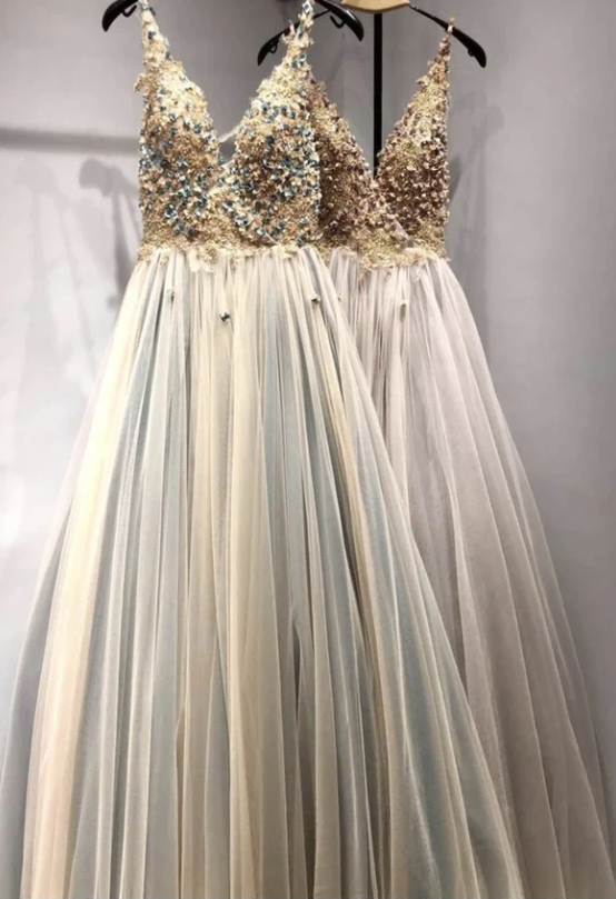 A Line V Neck Tulle Lace Prom Dress Formal Dress,pl2578