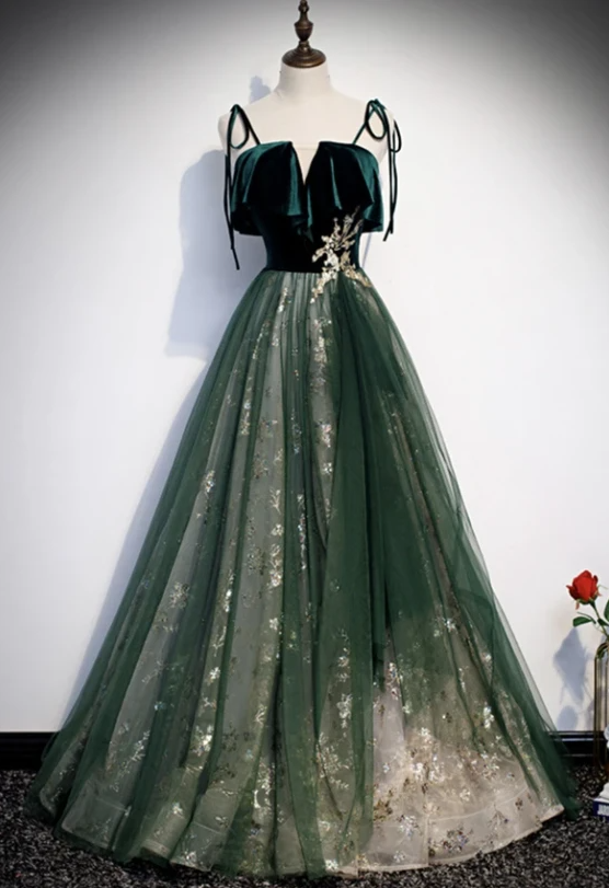 Green Velvet Sequins Prom Dress Green Formal Dress,pl2584