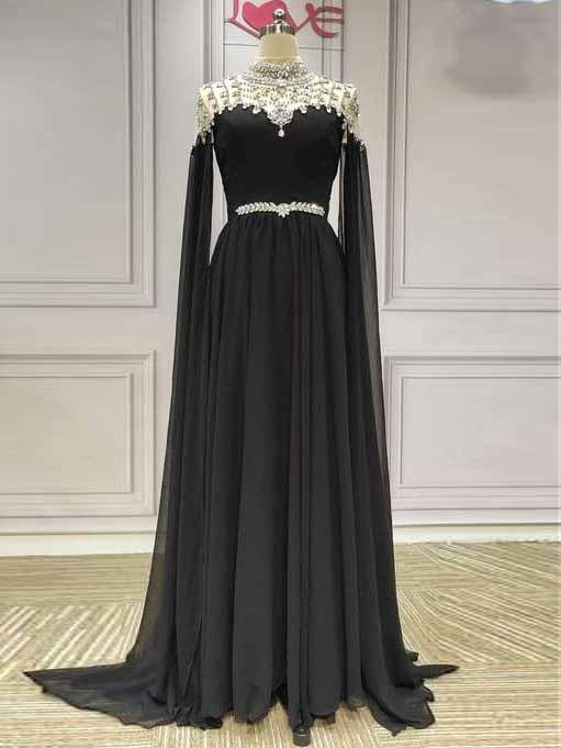 Black Chiffon A Line Prom Dress High Neck Custom Evening Dress ,pl2593