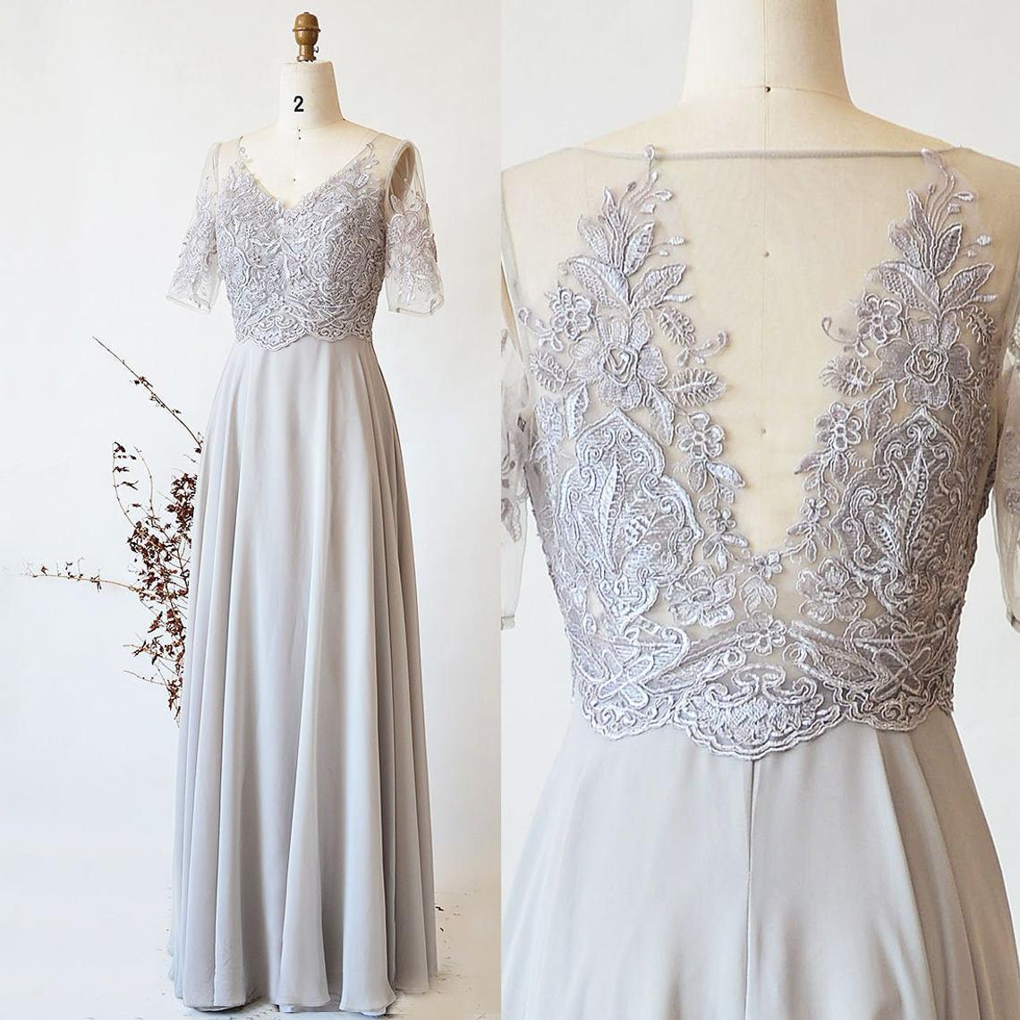 Grey Long Bridesmaid Dress, Half Sleeve Silver Chiffon Dress Lace Wedding Party Dress, A Line Prom Dress Floor Length Maxi Dress,,pl2606
