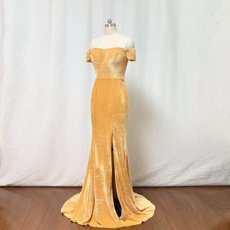 Velvet Bridesmaid Dress 2020 Mermaid Gold Burnt Orange Velvet Long Prom Dress With Slit & Short Sleeves,pl2608