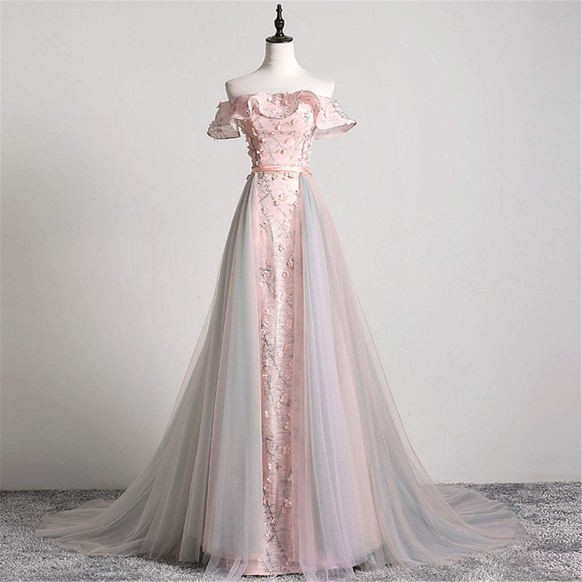 Elegant A-line Wedding Dress With Detachable Tulle Train Pink Ruffle Off-the-shoulder Bridal Dress A-line Prom Dress Pink Quinceanera
