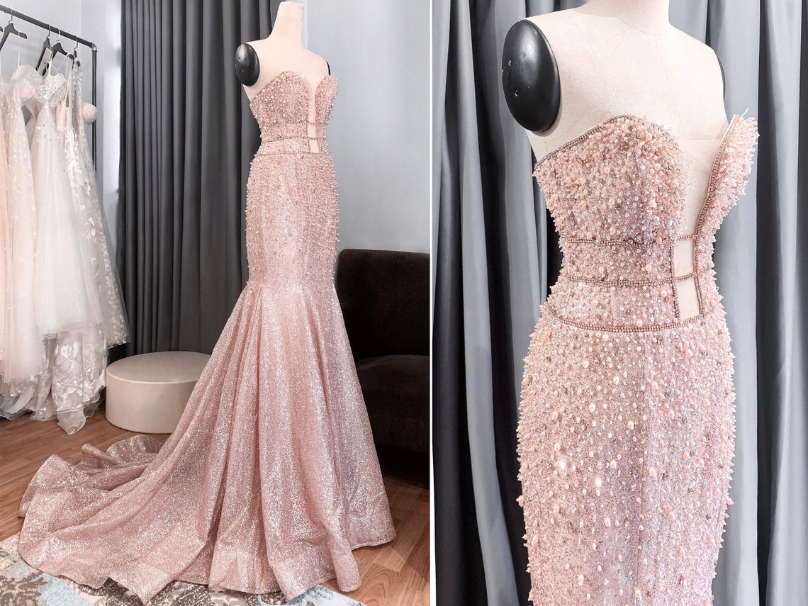 Mermaid Dress In Sparkly Blush Color/ Non-traditional Wedding Gown / Formal Evening Prom Dress/ Sweetheart With Middle Cut-out,pl2623