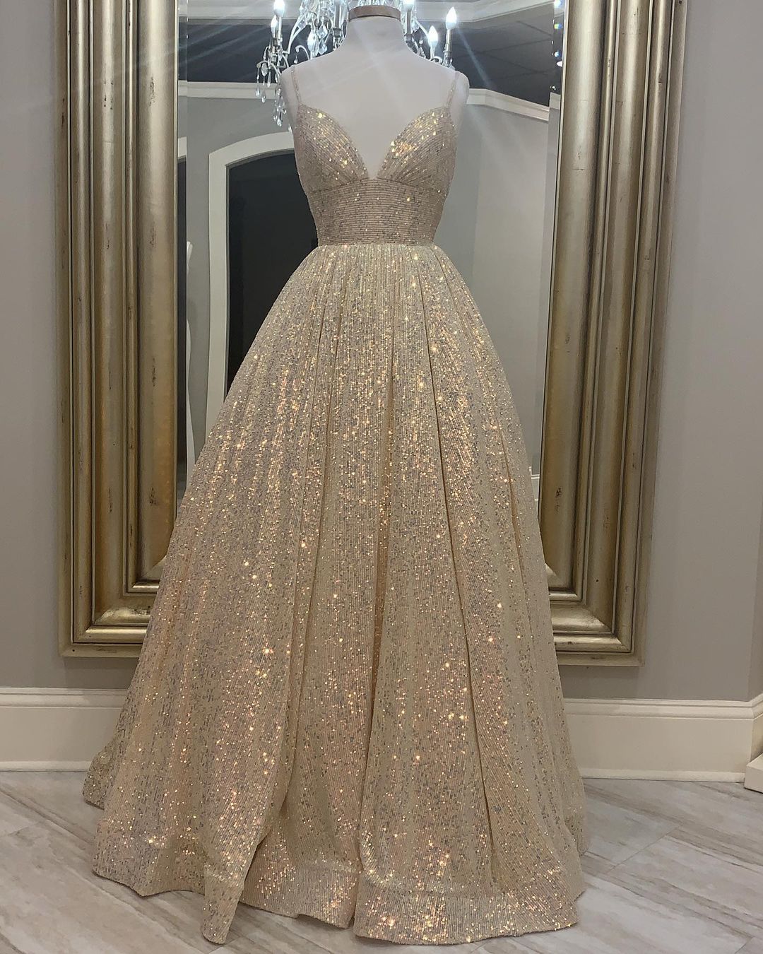 Champagne Glitter A-line Long Prom Gown,pl2631