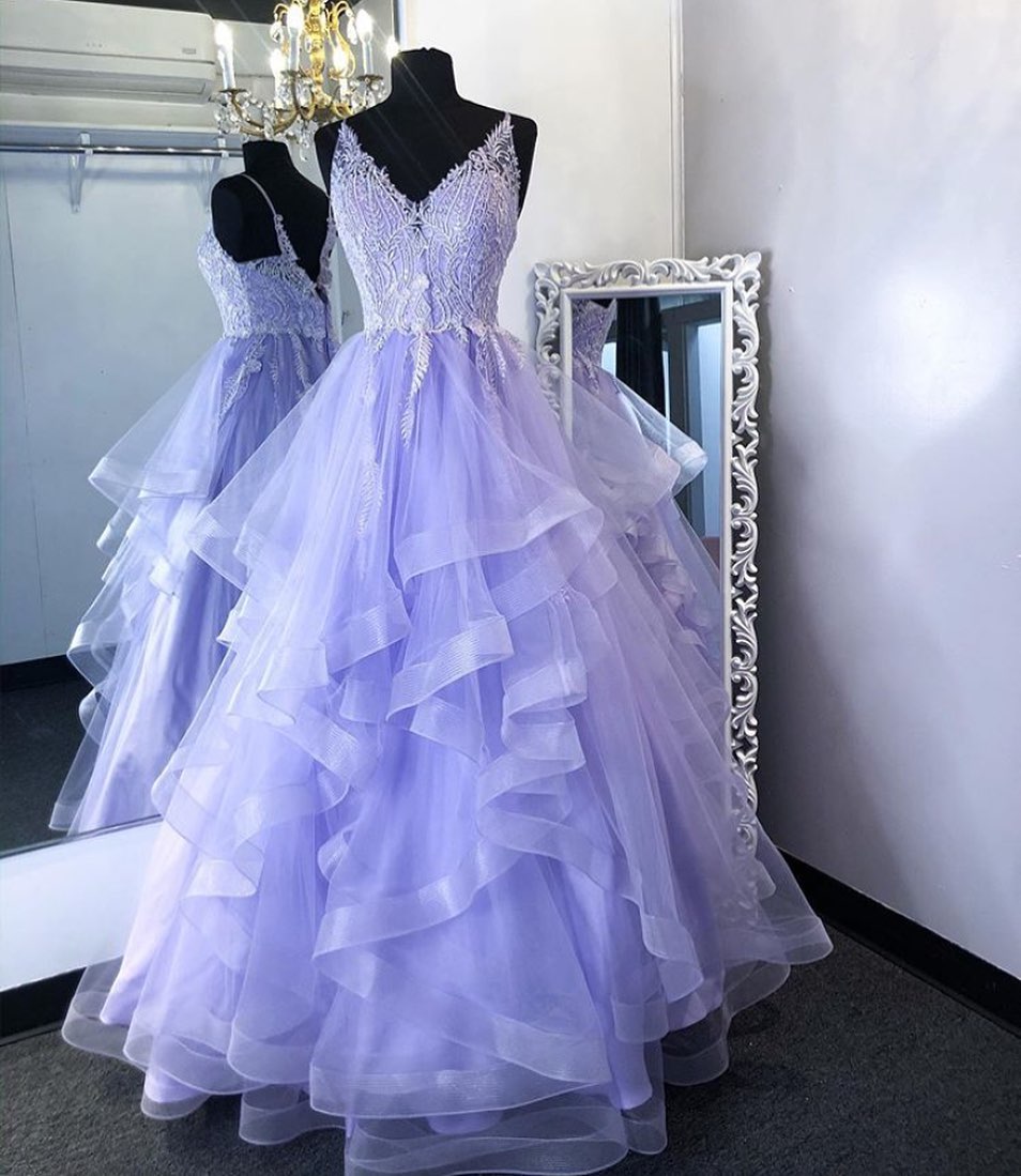 A-line V Neck Lavender Tulle Long Prom Dress,pl2632