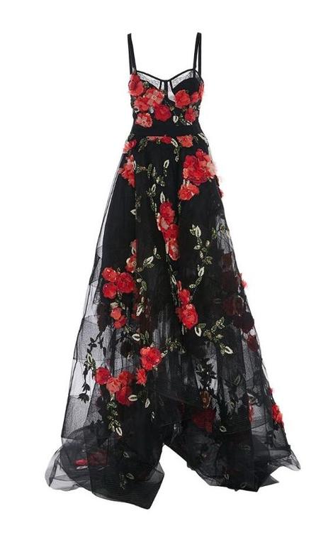 Chic Black Spaghetti Straps Long Prom Dresses,pretty A Line Floral Sweep Train Long Evening Dresses,pl2656