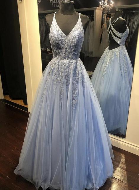 Blue V Neck Tulle Lace Long Prom Dress Evening Dress,pl2657