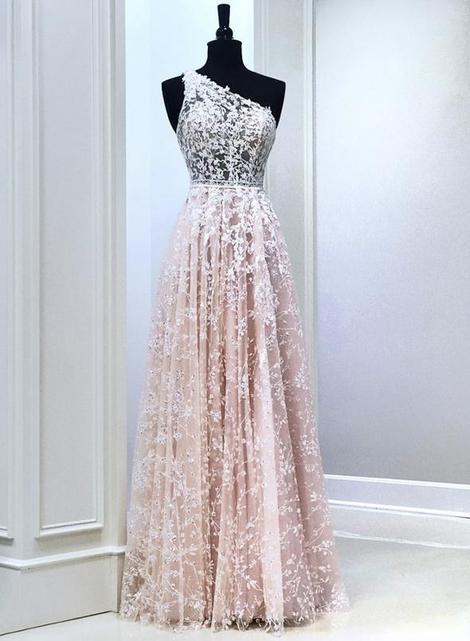 Pink Lace Long Prom Dress One Shoulder Evening Dress,pl2658