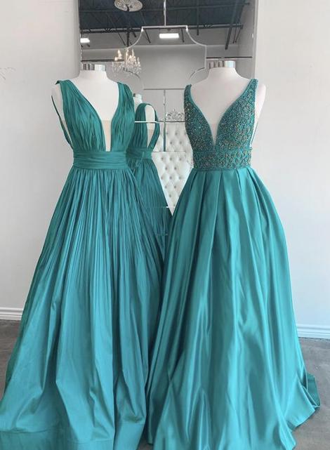 Blue V Neck Satin Long Prom Dress Blue Evening Dress,pl2660