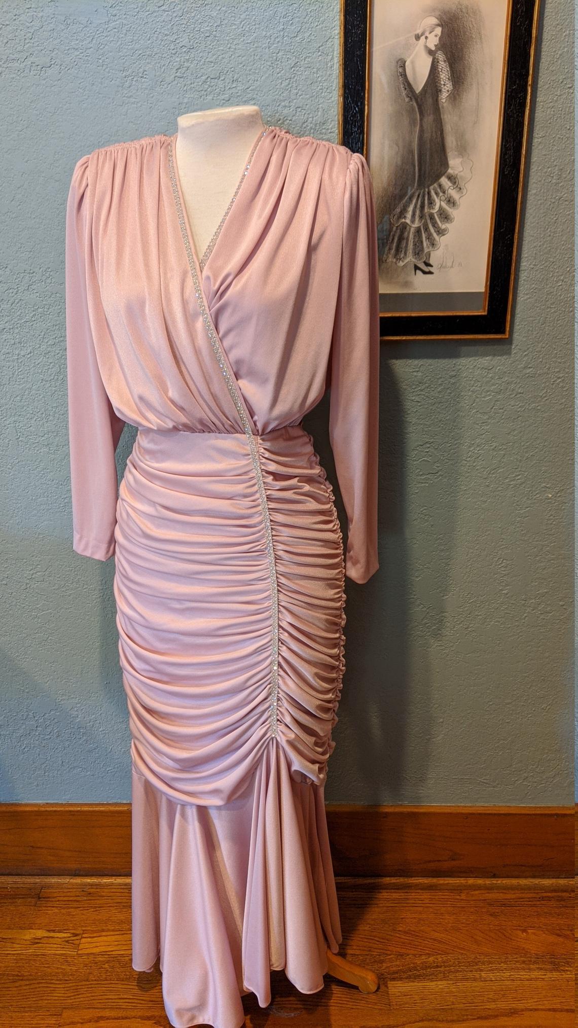 80's Ruched Rhinestone Long Evening Dress Light Pink Wiggle Dress Tight Folds Gathered Around Shoulders And Hips,pl2664