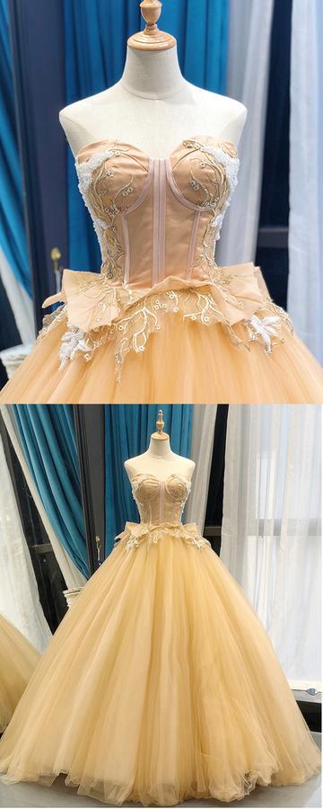 Yellow Tulle Sweetheart Neck Lace Applique A Line Sweet 16 Prom Dress, Quinceanera Dress,pl2677