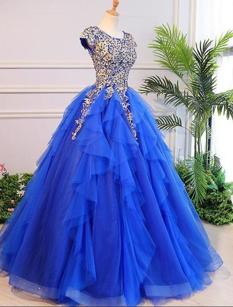 Royal Blue Cap Sleeves Long Ball Gown Party Dress, Blue Prom Dress 2021,pl2679