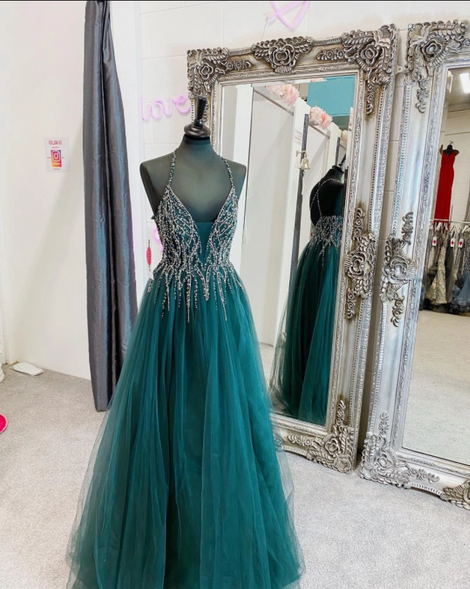 Black V neck Beaded Prom Dress