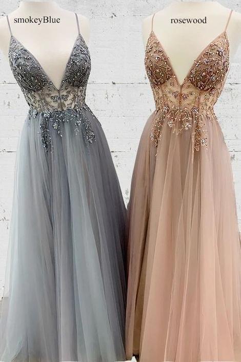 V Neck Prom Gown, Beaded Prom Gown, Spaghetti Strap Prom Gown,pl2685