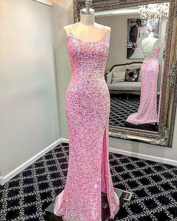 Pink Mermaid Sequined Long Formal Dress,pl2689