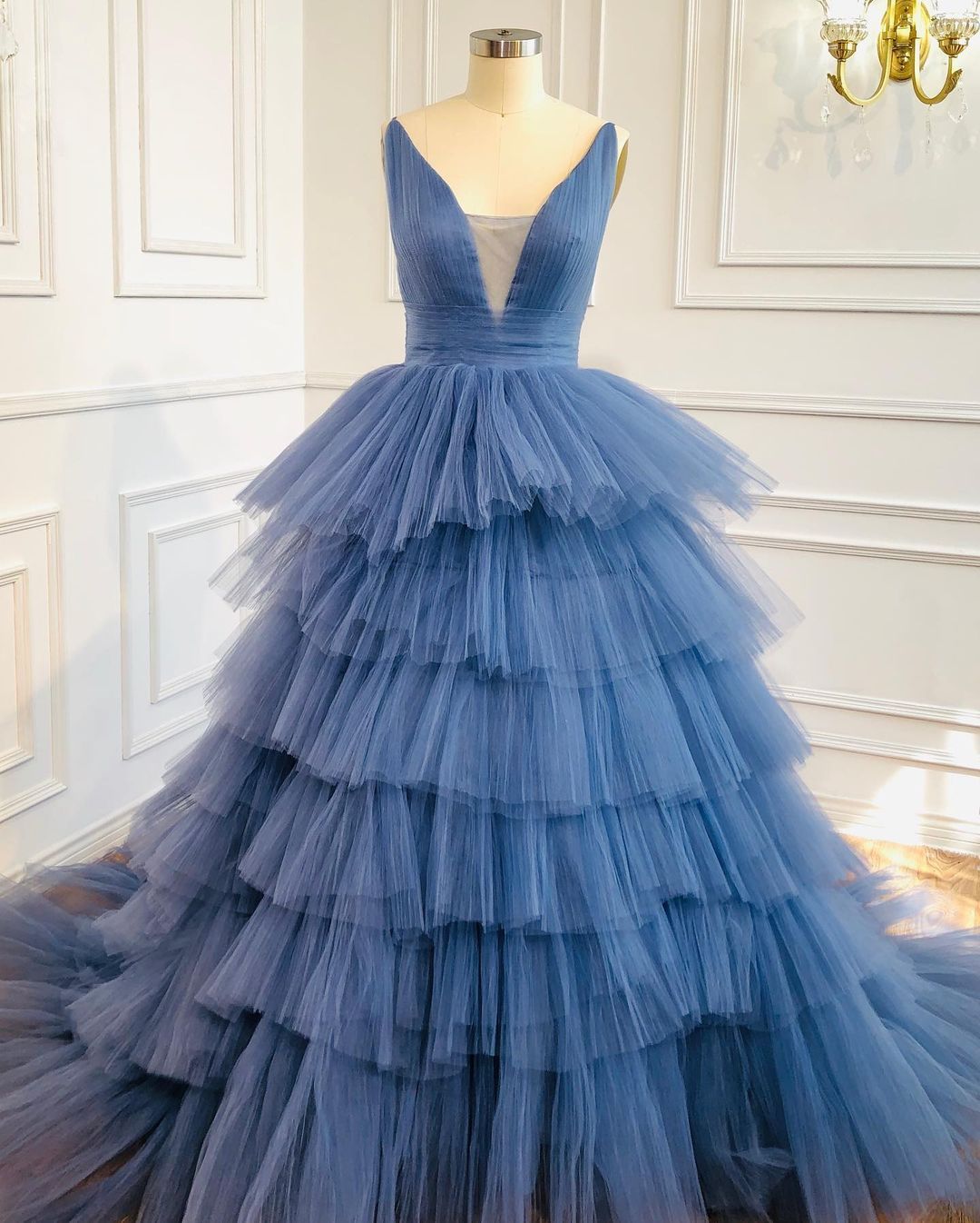 Blue Tiered Long Formal Gown,pl2690