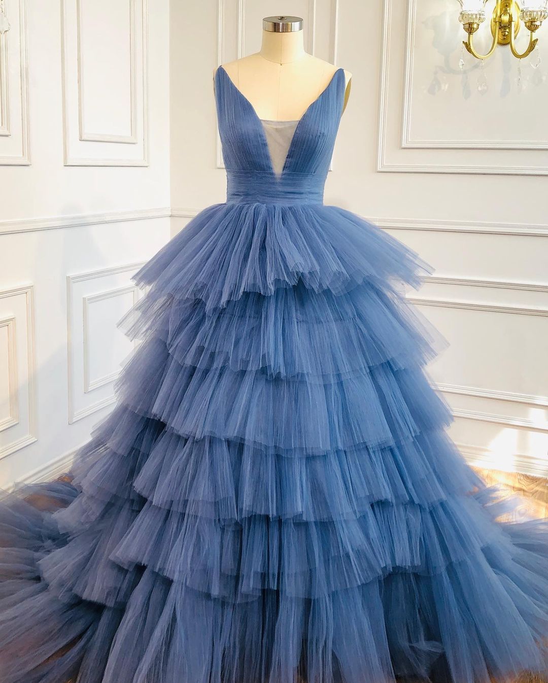 Blue-Colored Jacket Style Long Gown main image 1