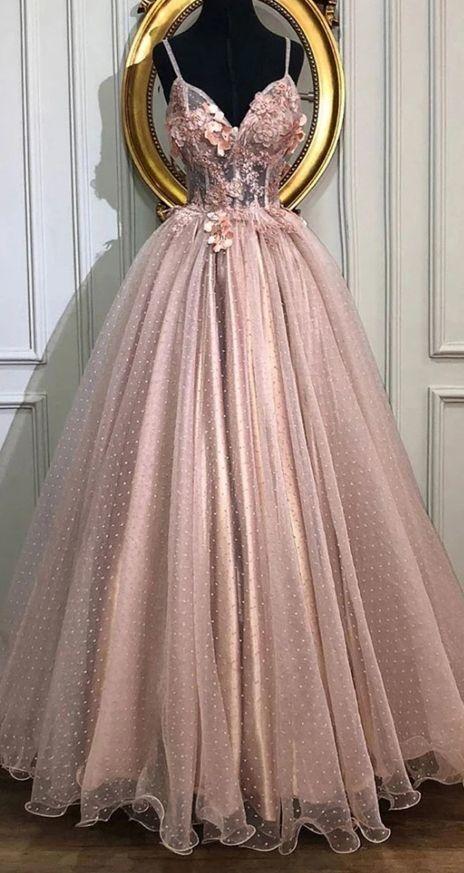 A-line V-Neck Tulle Long Prom Dresses, Pearl Pink Appliques Formal Evening Dress,PL2706
