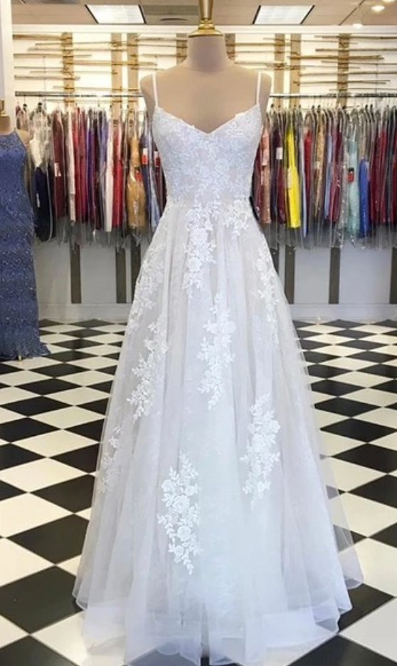 Creamy Tulle V Neck Custom Made Long Prom Dress, Evening Dress With Applique,pl2707