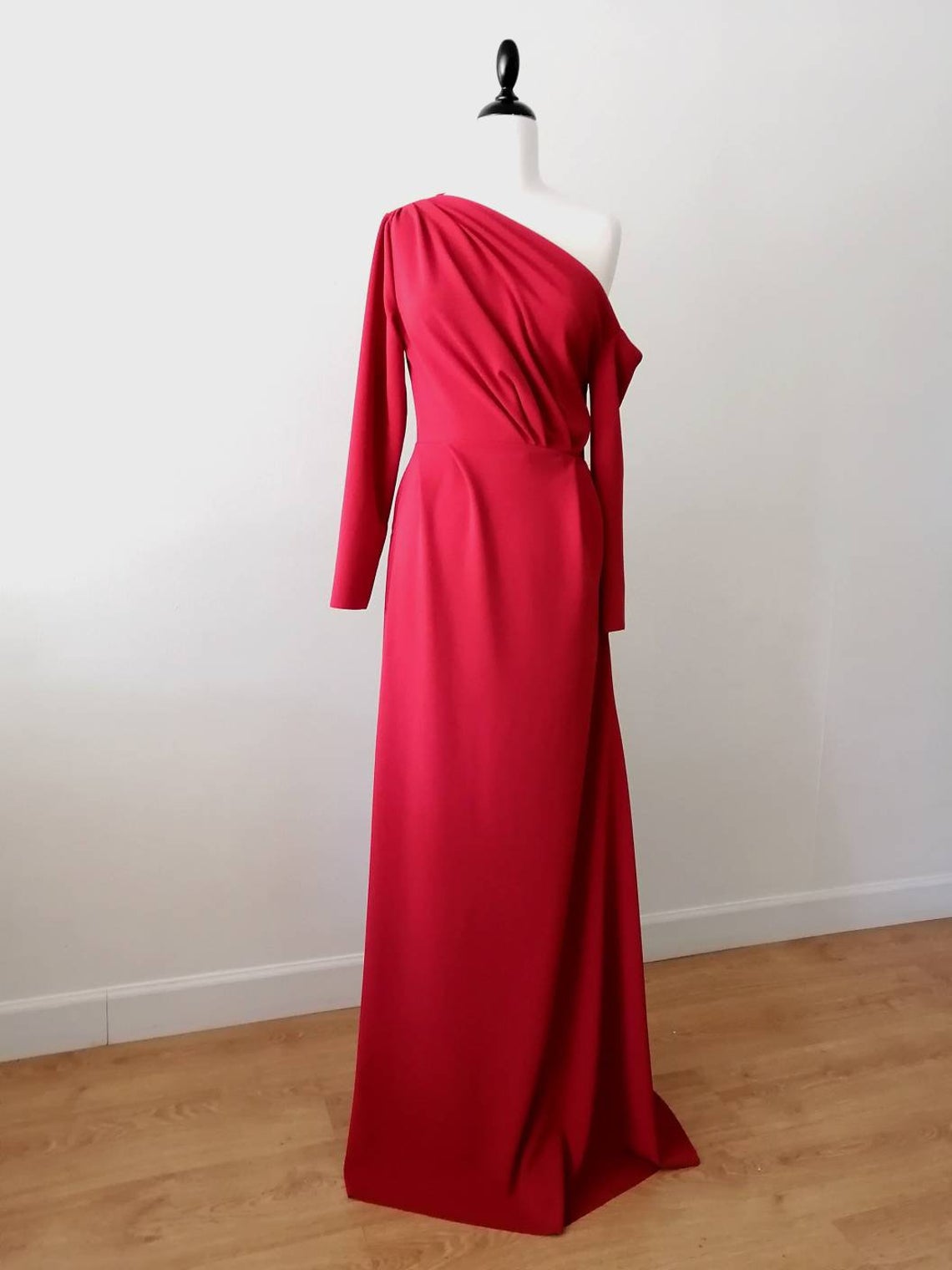 Off Shoulders Long Sleeve Valentines Evening Dress With, Minimalist Red Dress, Draped Simple Evening Gown , Ball Gown, Prom Dress, Evening,pl2713