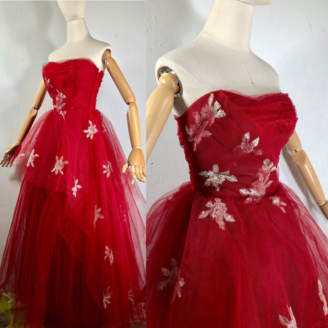 Vintage 50s Prom Dress / 1950s Red Tulle Ball Gown Evening Dress / Strapless Long Formal / Silver Metallic,pl2716