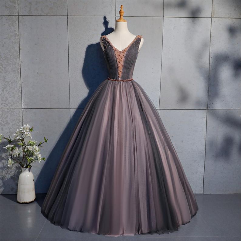 Chocolate Brown Quinceanera Dress Puffy Prom Dress Tulle Masquerade Prom Dress Sleeveless Bridal Gown V Neck Wedding Gown Beaded Prom Gown,pl2731