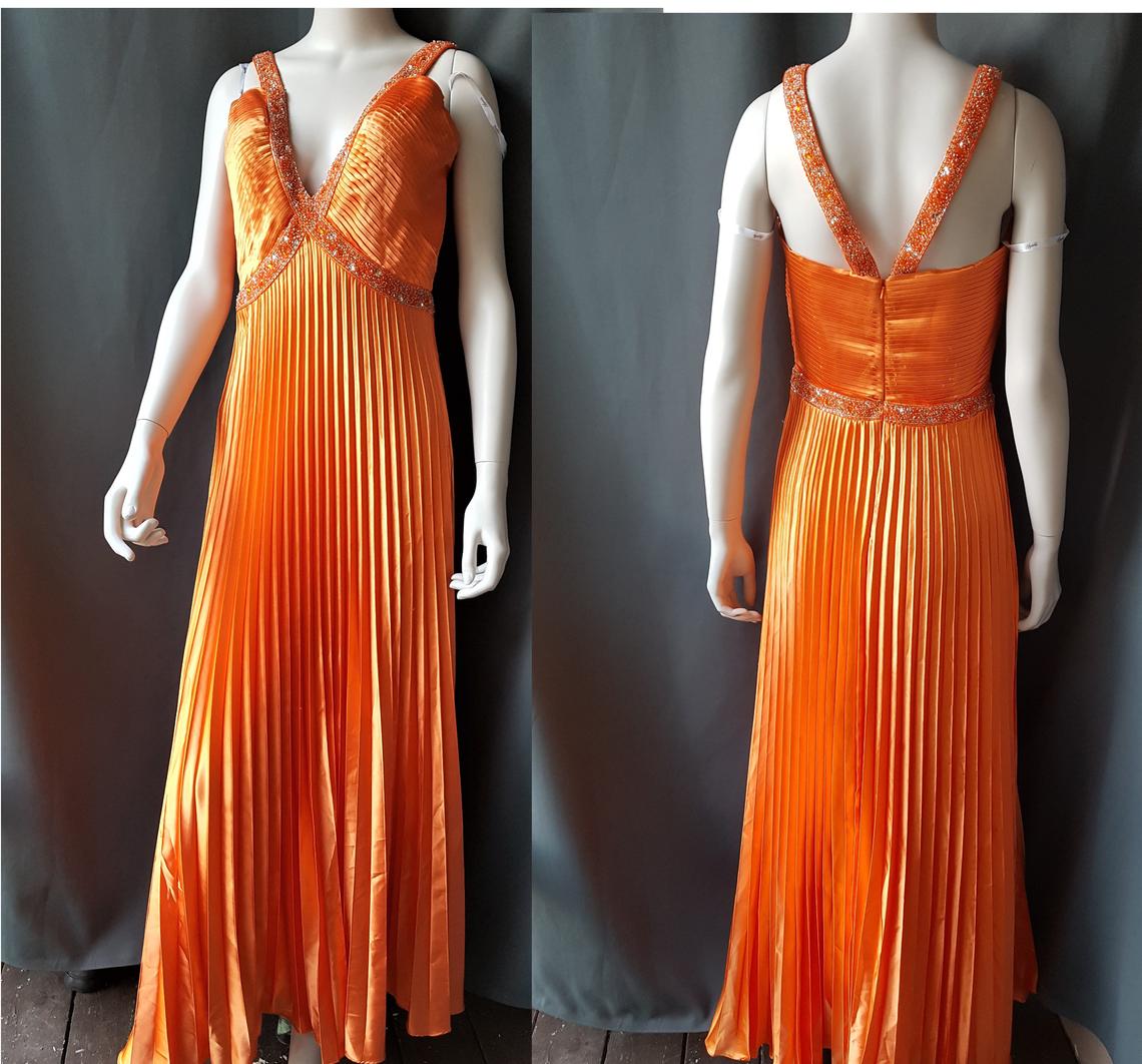 Vtg 80s Orange Pleated Rhinestone Formal Prom Dress,pl2732