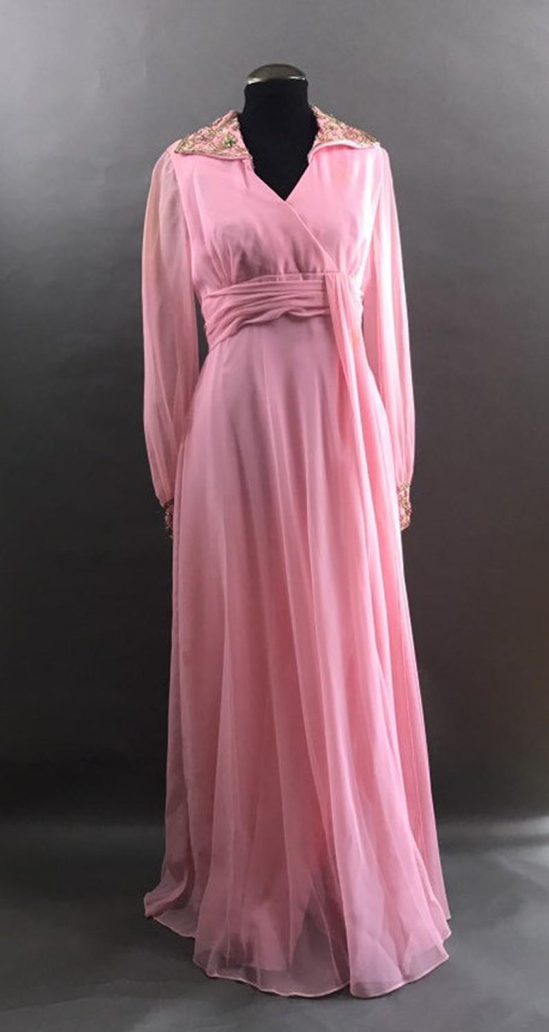 Vintage Formal Dress, Long Pink Chiffon Dress With Sash, Beaded Collar And Cuffs, Prom Dress, Long Sheer Sleeves,pl2737