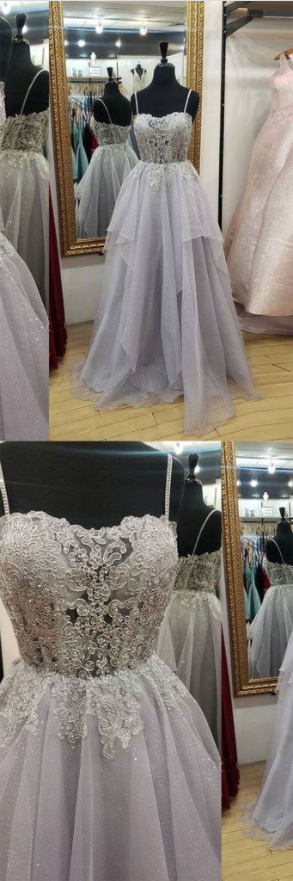 Gray Sweetheart Tulle Lace Long Prom Dress Tulle Formal Dress,pl2753