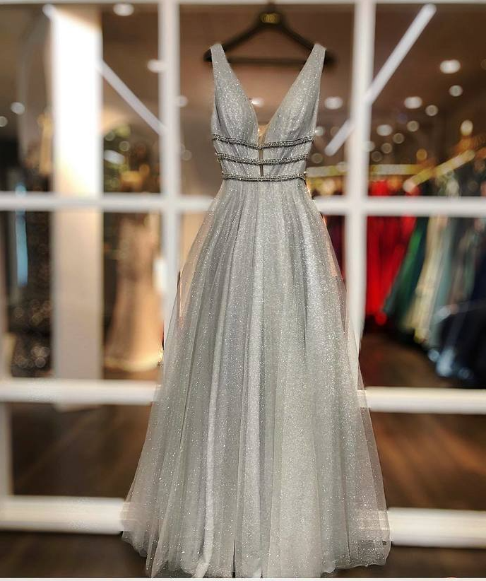 Gray Prom Dress,tulle Prom Gown,v-neck Evening Dress,a-line Prom Gown,pl2755