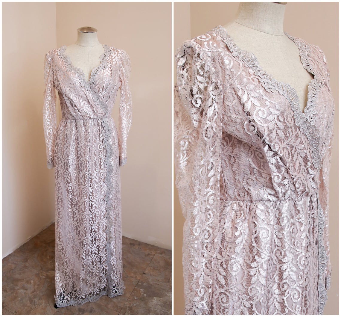 Champagne Bridesmaids Dress | Vintage Jc Penny Mauve Lace Gown | Boho Party Evening Wear Cocktail | Long Sleeve Wrap Front Maxi,pl2765