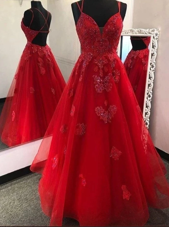 Beauty Red Sleeveless V-neck Beaded Floor Length Evening Dress Tulle Spaghetti-straps Applique Racer-back Prom Dress,pl2790