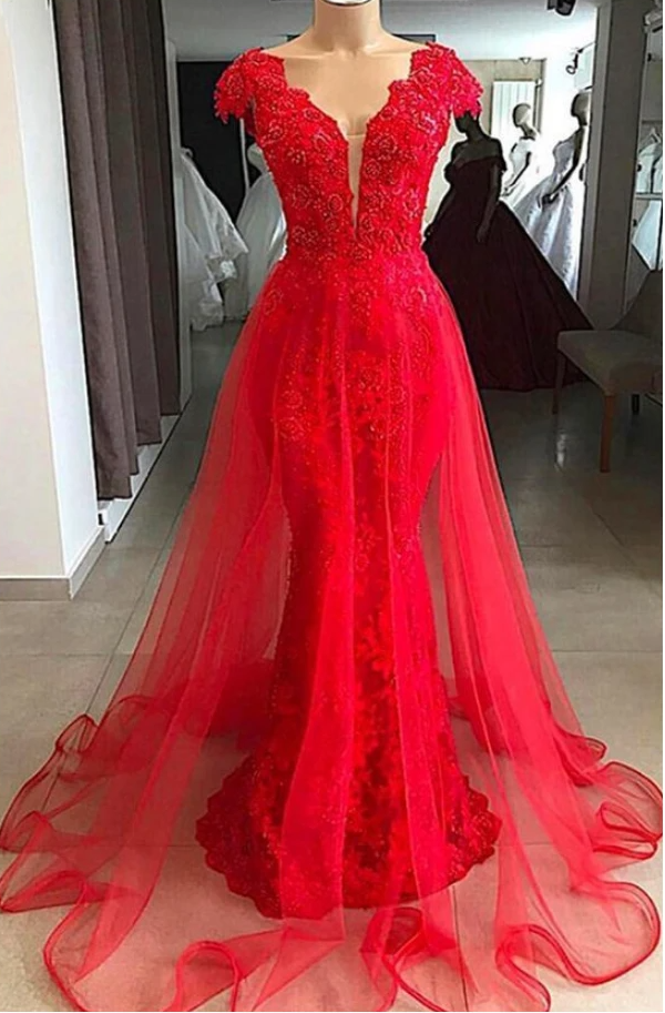 Red Lace Cap Sleeve Long V Neck Formal Prom Dress, Beaded Evening Dress,pl2793