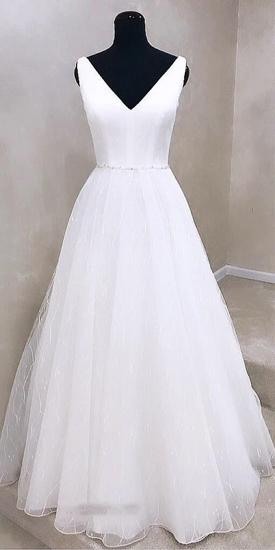 Fashion V Neck White Wedding Dress Open Back Bridal Gown,pl2794