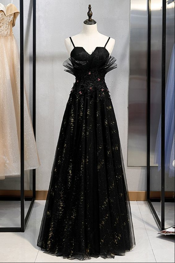 A-line Straps Black Long Prom Dress With Appliques,pl2798