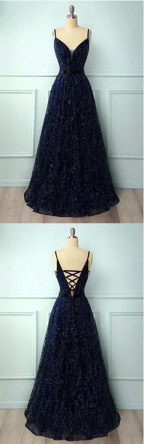 Sheath V Neck Spaghetti Straps Beaded High Side Slit and Train Prom Dress WU1677