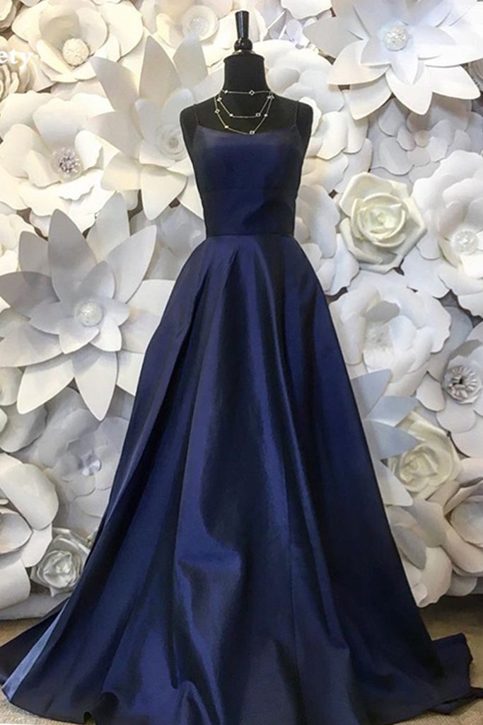 Blue Satin A-line Straps Beaded and Lace Low Back Party Dress, Blue Satin Prom Dress