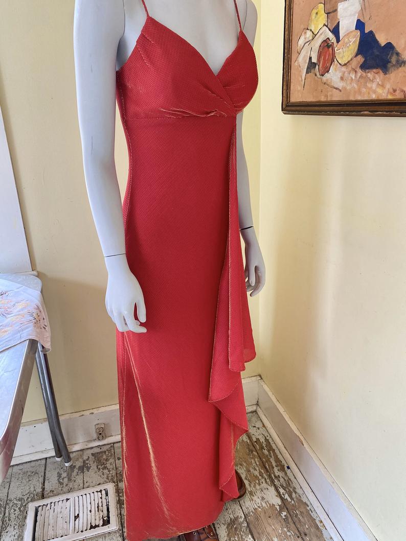 Prom Gown, Metallic Gold/red Rayon, Spaghetti Strap,pl2812