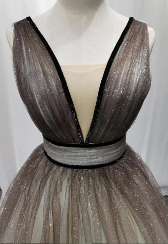 A Line V Neck Tulle Ruffles Prom Dress LBQ4255