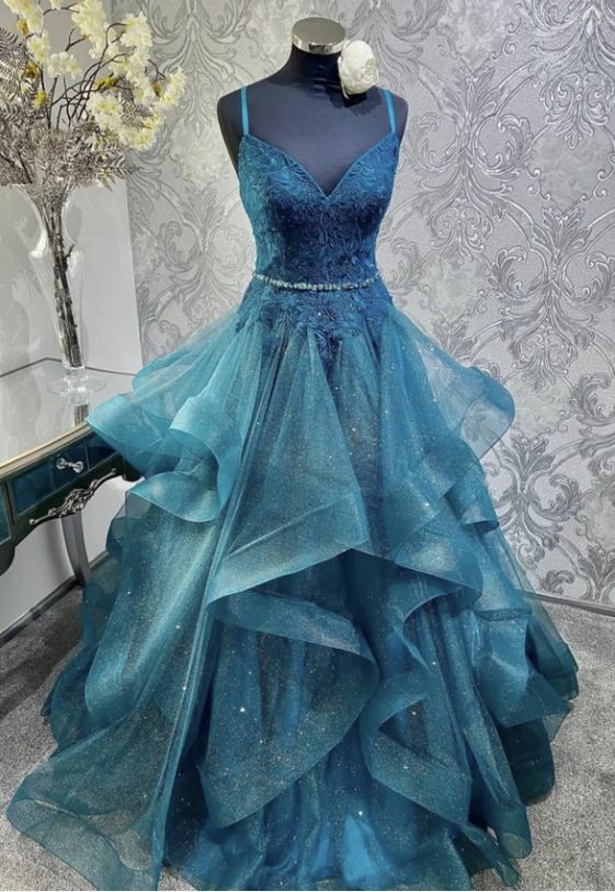Blue Lace Long Ball Gown Dress Blue Evening Dress,pl2852