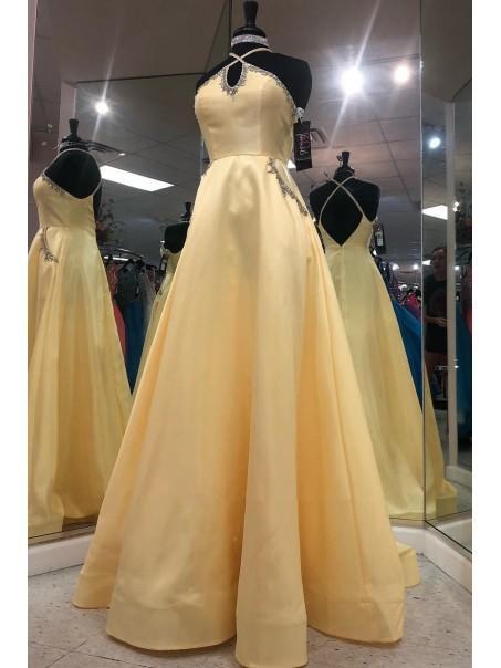 Keyhole Long A-line Yellow Satin Prom Dresses, Beaded Detail Prom Dresses, Popular Prom Dresses,pl2854