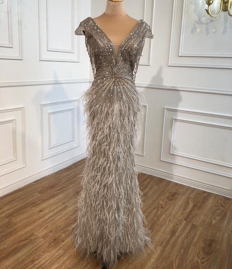 Luxury Feathered V Neck Evening Dress Heavy Beading Sequined Formal Party Wear Gown Dubai Evening Dress,pl2879