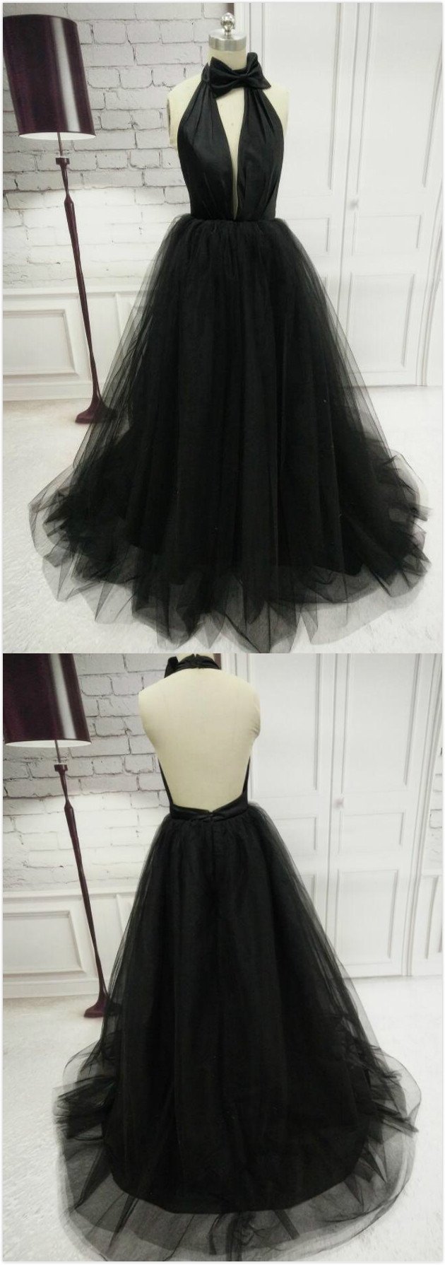 Elegant Black Halter Prom Dress,sexy Prom Dress,long Tulle Prom Dress,backless Bowknot Evening Dress,pl2891