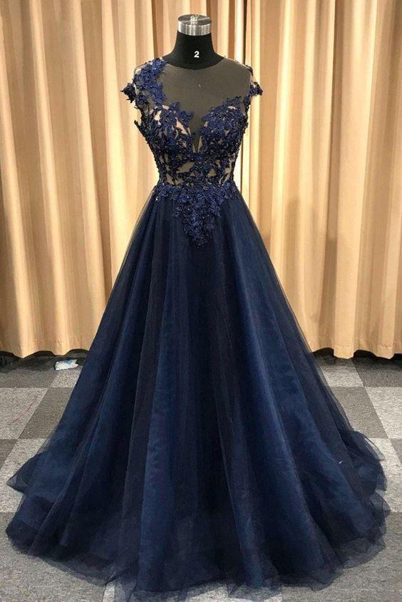 Round Neck Dark Navy Blue Long Prom Dresses with Corset Back, Navy Blue Formal Evening Dresses