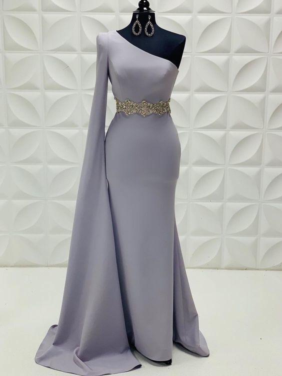 Sheath/column One Shoulder Silver Long Prom Dresses Satin Evening Dress,pl2898