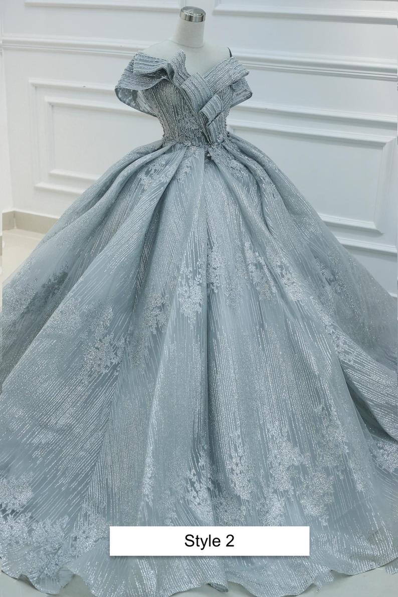 Sparkly Grey Sleeveless Or Drop Sleeves Ball Gown Wedding/prom Dress With Glitter Tulle And Court Train，pl2912