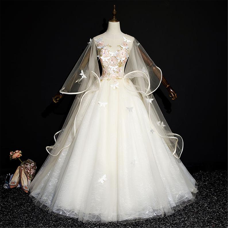 Soft Yellow Quinceanera Dress Fashion Puffy Prom Dress Illusion Sleeves Bridal Gown Corset Wedding Gown Butterfly Appliques Bridal Dress,pl2921